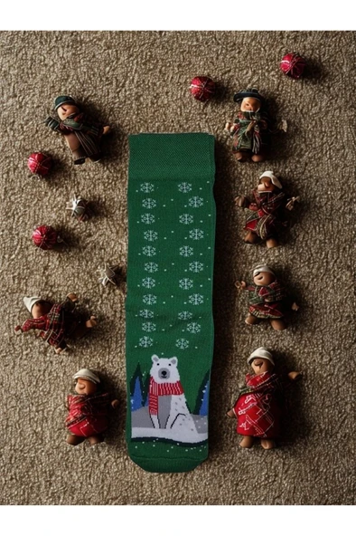 Christmas Socks Yeşil Ayıcıklı Kar Taneli Dokuma Yılbaşı Çorabı ürün görseli 1