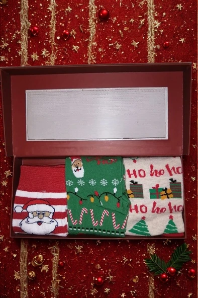 Christmas Socks Yılbaşı Desenli Unisex Yetişkin 3'lü Çorap Hediye Seti ürün görseli 1