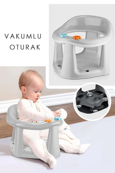 Bebek Banyo Oturağı - Vakum Tabanlı Bebek Mama Oturağı - Bel Destekli Vakumlu Mama Gri ürün görseli 1