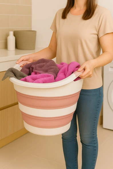 Katlanır Çamaşır Sepeti Yeni Tasarım Pembe ürün görseli 1