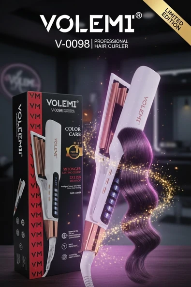 Volemı® V-0098 Profesyonel Saç Maşası Color Care, 5x Renk Koruma, Keratin Yağlı Seramik Kaplama Dijital Isı Ayarlı Maşa ürün görseli 1