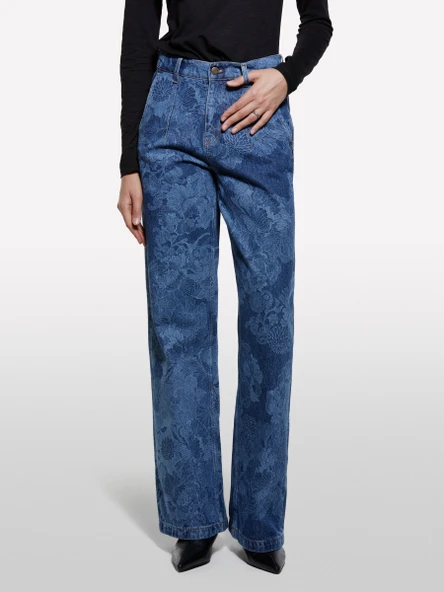 Sisley   %100 Pamuk Baskılı Normal Bel Relaxed Fit Denim Pantolon Kadın Haki Yeşili Pantolon - 325A4W9KLF07L ürün görseli 1