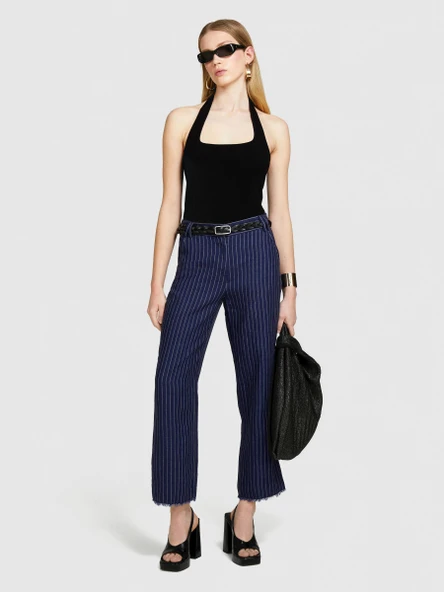 Sisley   %100 Keten Paçaları Dikişsiz Düz Paça Çizgisiz Pantolon Kadın Haki Mix Pantolon - 324P4NTHLF055 ürün görseli 1