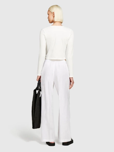 Sisley   %100 Keten Beli Büzgülü Önü Pileli Geniş Paça Pantolon Kadın Beyaz Pantolon - 324P4AGHLF03U ürün görseli 1