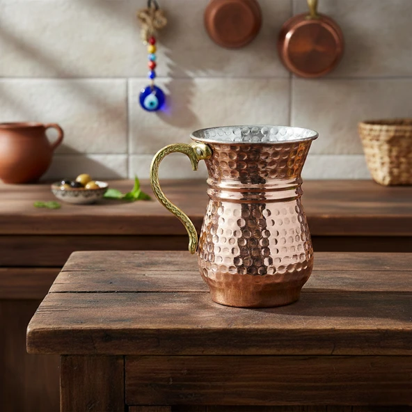 LUDIA Geleneksel El İşlemesi 300ml Bakır Kulplu Maşrapa Ayran Bardağı (7,5cmx10cm) ürün görseli 1