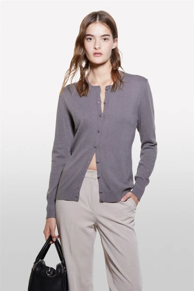 Sisley   Kdn_Yün ve Kaşmir Karışımlı Ribana Detaylı Bisiklet Yaka Hırka Kadın Füme Hırka - 324A102HM5237 ürün görseli 1