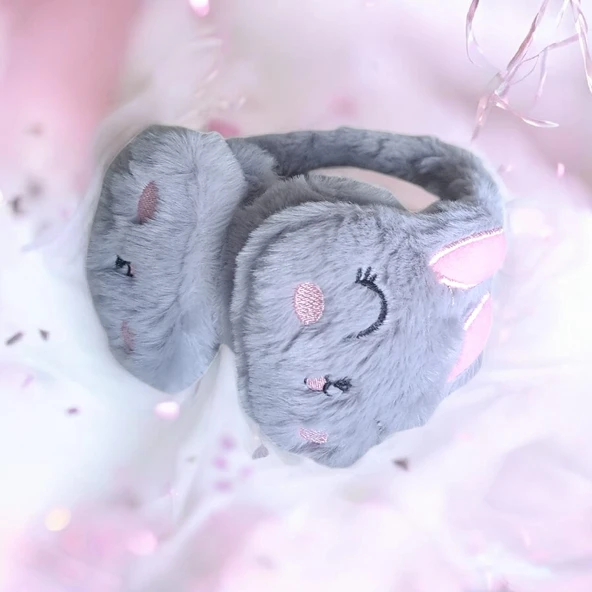 Kız Çocuk  3D Peluş Tavşan Kulaklık Gri ürün görseli 1