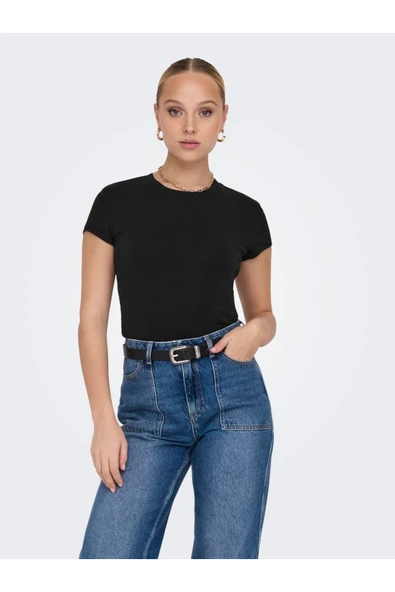 Only   ONLELINA S/S O-NECK SHORT TOP JRS NOOS Kadın Siyah Bluz - 15320229 ürün görseli 1