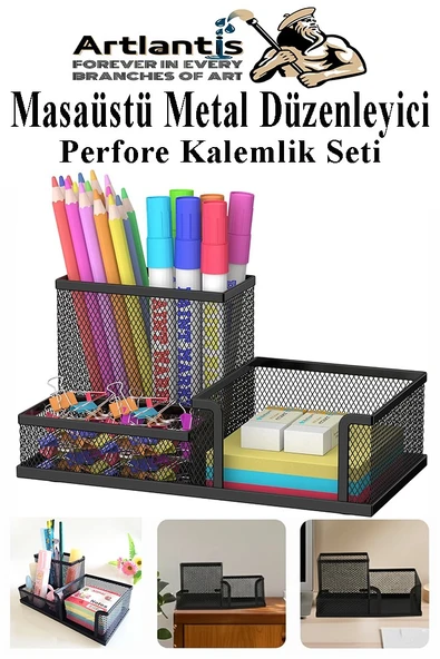 Masaüstü Metal Kalemlik Seti 3 lü Kombo 1 Paket Fileli Perfore Pastel Renkli Kalemlik Kağıtlık Küpnotluk Düzenleyici ürün görseli 1