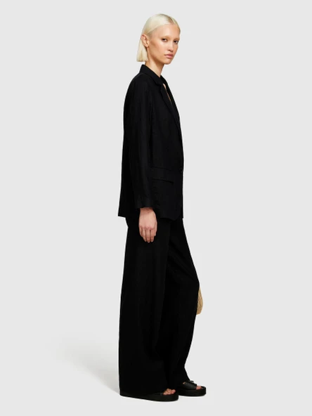 Sisley   %100 Keten Kapaklı Cep Tasarımı Tek Düğmeli Blazer Ceket Kadın Siyah Ceket - 324P2AGHLW019 ürün görseli 1