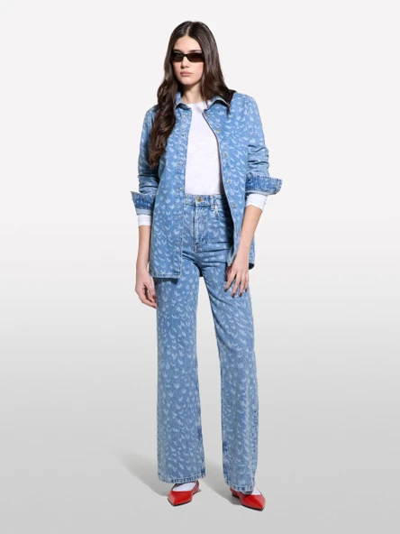 Sisley   %100 Pamuk Baskılı Normal Bel Geniş Paça Denim Pantolon Kadın Haki Yeşili Denim Pantolon - 325P43Y3LE04F ürün görseli 1