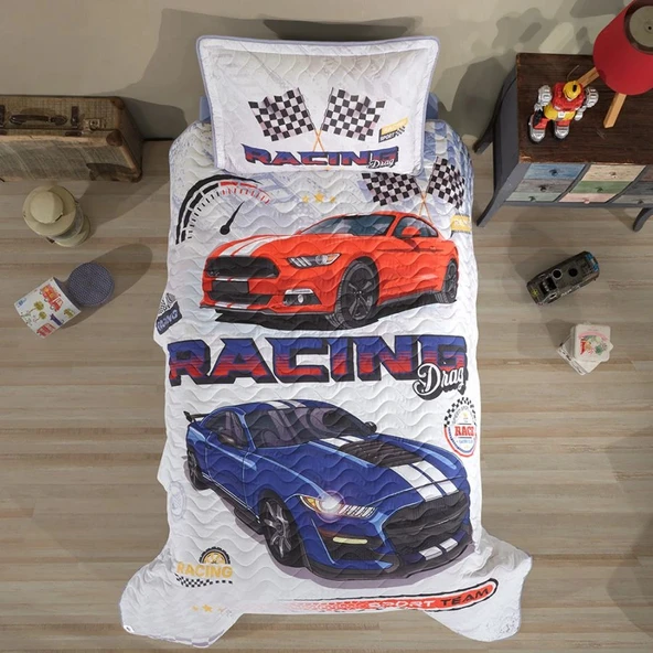 Clasy Ranforce %100 Pamuk Tek Kişilik Yatak Örtüsü Seti Racing Drag V1 Mavi ürün görseli 1