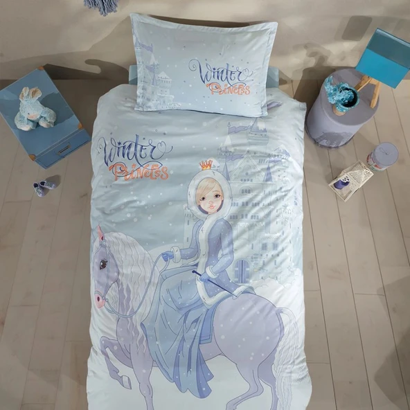 Clasy Ranforce %100 Pamuk Tek Kişilik Nevresim Winter Princess V1 Turkuaz ürün görseli 1