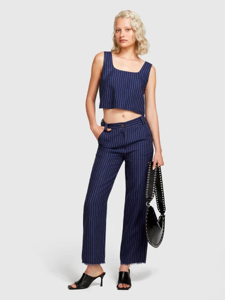 Sisley   %100 Keten Çizgili Kare Yaka Askılı Bluz Kadın Haki Mix Bluz - 324P5NTHLH015 ürün görseli 1