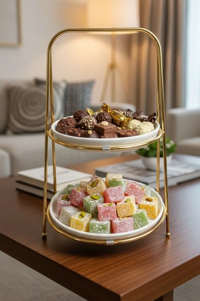2 Katlı Yuvarlak Gold Metal Standlı Seramik Sunumluk Şekerlik Lokumluk Kurabiyelik ürün görseli 1