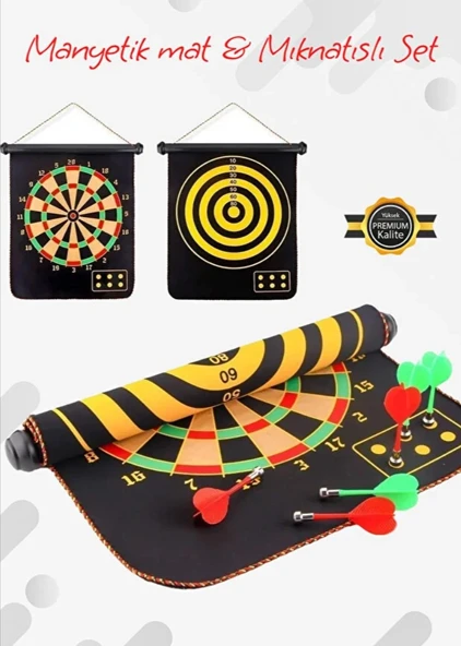 Yüksek Kalite En Büyük Boy Mıknatıslı Manyetik Dart Seti Çift Yönlü Rulo Hedef Tahtası 6'lı Dartboard 40 x 48 CM ürün görseli 1