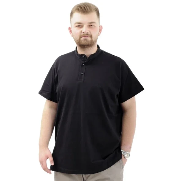Büyük Beden Erkek Tişört Düğmeli Hakim Yaka T-Shirt 24339 Siyah ürün görseli 1