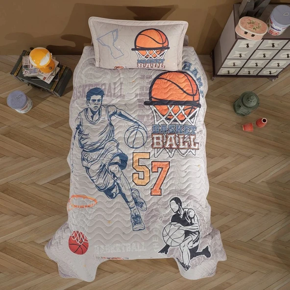 Clasy Ranforce %100 Pamuk Tek Kişilik Yatak Örtüsü Seti Basketball V1 Bej ürün görseli 1