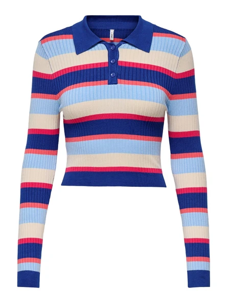 Only   ONLKAROL LS CROP RIB BUTTON POLO CC KNT Kadın Mavi Kazak - O15340979 ürün görseli 1