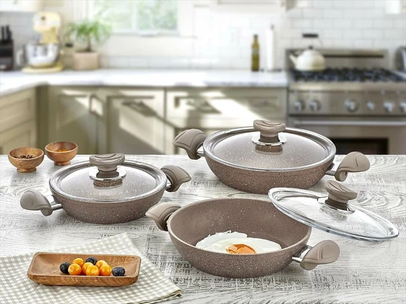 OMS Bio Granit 6 Parça Kapaklı Sahan Seti Kahve | Yapışmaz Biogranit | 18-20-22 cm ürün görseli 1