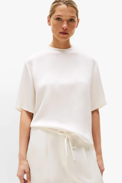 Tommy Hilfiger   SATEEN C-NECK RELAXED T-SHIRT Kadın Beyaz Bluz - WW0WW45900 ürün görseli 1