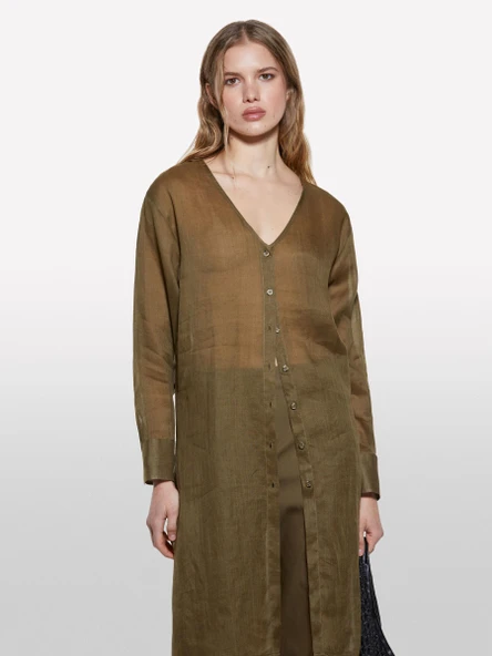 Sisley   %100 Rami Manşetli V Yaka Uzun Gömlek Kadın Yeşil Gömlek - 325P5XJZLQ096 ürün görseli 1