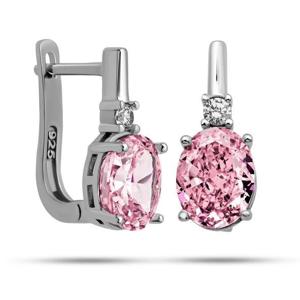 Gümüş Ice Cut Oval Pembe Zirkon Taşlı Kadın Küpe ürün görseli 1