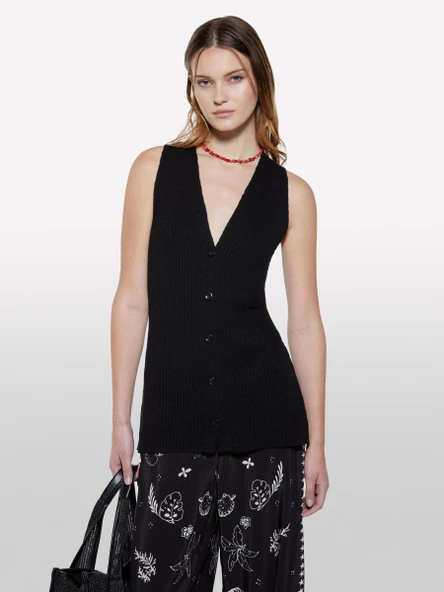 Sisley   Keten Karışımlı Slim Fit Triko Yelek Kadın Siyah Yelek - 325P105GM602J ürün görseli 1