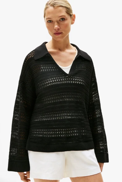 Tommy Hilfiger   CROCHET RLX LS POLO SWT Kadın Siyah Kazak - WW0WW46524 ürün görseli 1