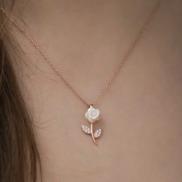 Gümüş Rose Beyaz Gül Kolye - Resim 3