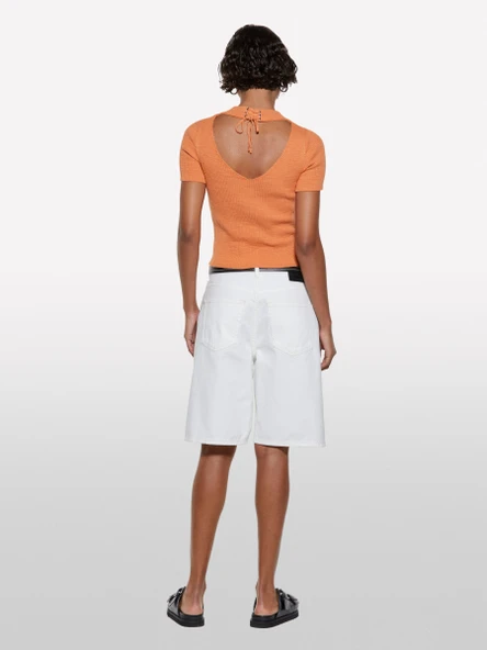 Sisley   Keten Karışımlı Slim Fit Kısa Kollu Kazak Kadın Turuncu Kazak - 325P105GM106G ürün görseli 1