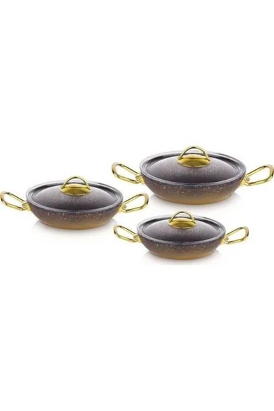 OMS Gold Serisi 6 Parça Granit Sahan Seti | Cam Kapaklı | 18-20-22 cm | PFOA İçermez ürün görseli 1