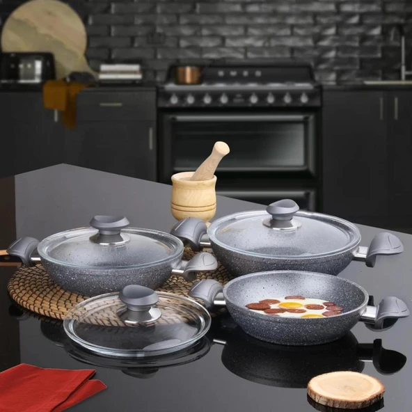 OMS Bio Granit 6 Parça Kapaklı Sahan Seti Gri | Yapışmaz Biogranit | 18-20-22 cm ürün görseli 1
