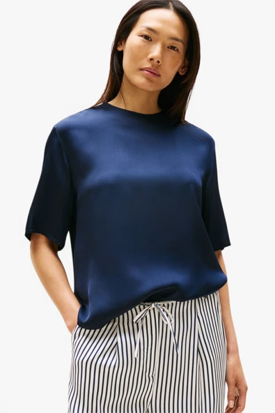 Tommy Hilfiger   SATEEN C-NECK RELAXED T-SHIRT Kadın Mavi Bluz - WW0WW45900 ürün görseli 1