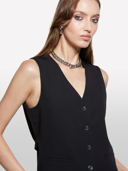 Sisley   Viskoz Karışımlı Önü Düğmeli Astarlı Regular Fit Yelek Kadın Siyah Yelek - 325A2KVXLJ00U ürün görseli 1