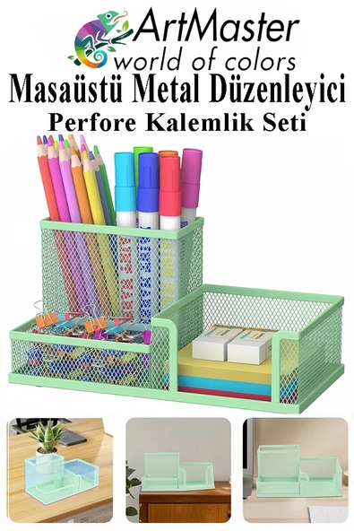 Masaüstü Metal Kalemlik Seti 3 lü Kombo Açık Yeşil 1 Paket Fileli Perfore Kalemlik Kağıtlık Küpnotluk Düzenleyici ürün görseli 1