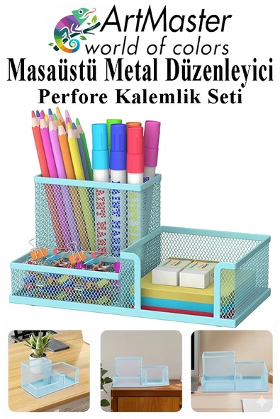 Masaüstü Metal Kalemlik Seti 3 lü Kombo Açık Mavi 1 Paket Fileli Perfore Kalemlik Kağıtlık Küpnotluk Düzenleyici Ataşlık ürün görseli 1