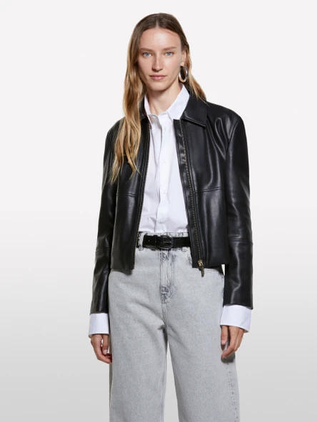Sisley   Viskoz Karışımlı Deri Görünümlü Fermuarlı Regular Fit Ceket Kadın Siyah Ceket - 325A20BZLN05T ürün görseli 1