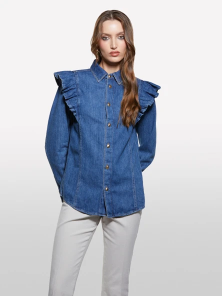 Sisley   %100 Pamuk Fırfır Detaylı Denim Gömlek Kadın Haki Yeşili Gömlek - 325A53GELQ09N ürün görseli 1
