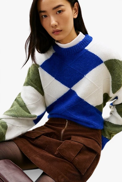 Tommy Hilfiger   ALPACA BLEND ARGYLE C-NK LS SWT Kadın Mavi Kazak - WW0WW47464 ürün görseli 1