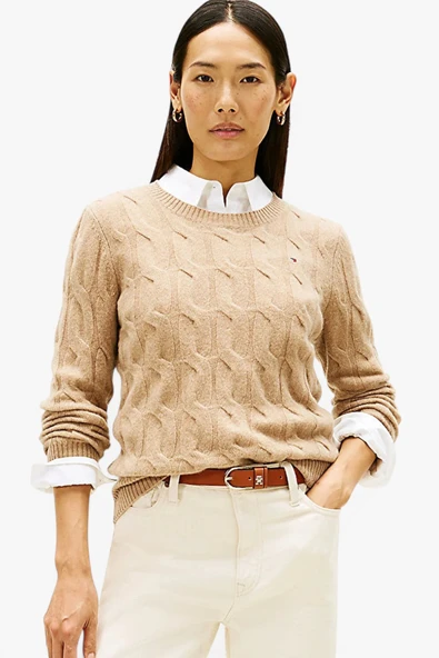 Tommy Hilfiger   SOFT WOOL CABLE C-NK LS SWT Kadın Bej Kazak - WW0WW43586 ürün görseli 1