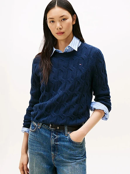 Tommy Hilfiger   SOFT WOOL CABLE C-NK LS SWT Kadın Mavi Kazak - WW0WW43586 ürün görseli 1