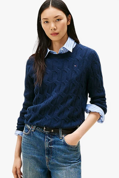 Tommy Hilfiger   SOFT WOOL CABLE C-NK LS SWT Kadın Mavi Kazak - WW0WW43586 ürün görseli 1