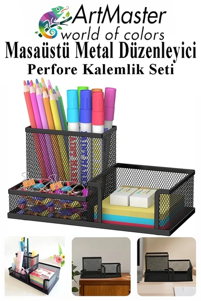 Masaüstü Metal Kalemlik Seti 3 lü Kombo Siyah 1 Paket Fileli Perfore Kalemlik Kağıtlık Küpnotluk Düzenleyici ürün görseli 1