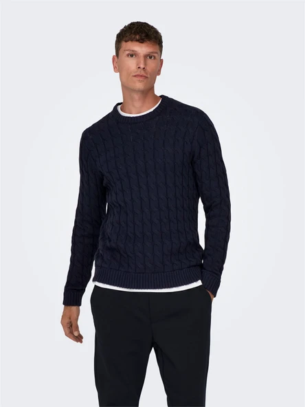 Only & Sons   ONSKICKER LIFE REG 3 CABLE CREW KNIT Erkek Mavi Kazak - 22026504 ürün görseli 1
