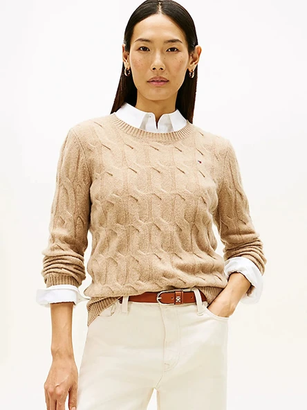 Tommy Hilfiger   SOFT WOOL CABLE C-NK LS SWT Kadın Bej Kazak - WW0WW43586 ürün görseli 1