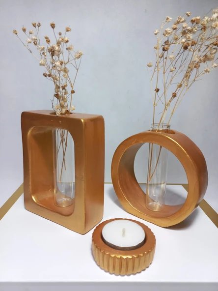 Dikdörtgen-Yuvarlak Formlu, Cam Tüplü, 2'li Dekoratif Vazo Set  Antiquity Gold Obje ürün görseli 1