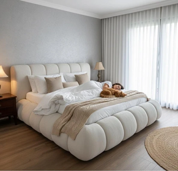 Most Piatto Premium Bazalı Karyola Beyaz Bukle Kumaş 180x200 cm. Yatak İçindir (Evinize Teslim) ürün görseli 1