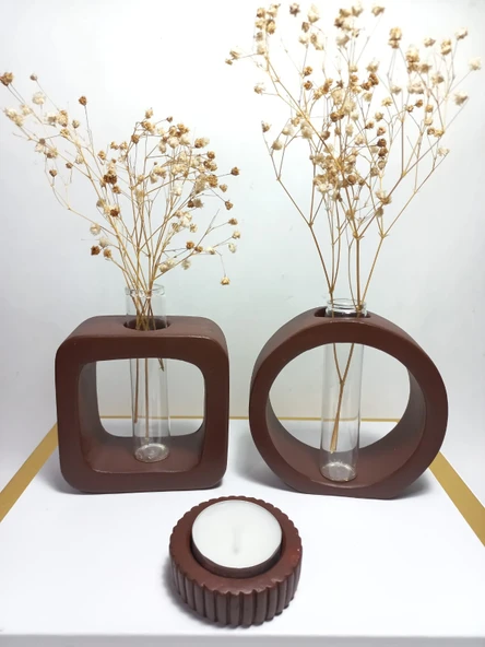 Chocolate Kahve Masaüstü Minimal 2'li Vazo Seti, Yuvarlak-Kare Formlu, Cam Tüplü Vazo Obje ürün görseli 1