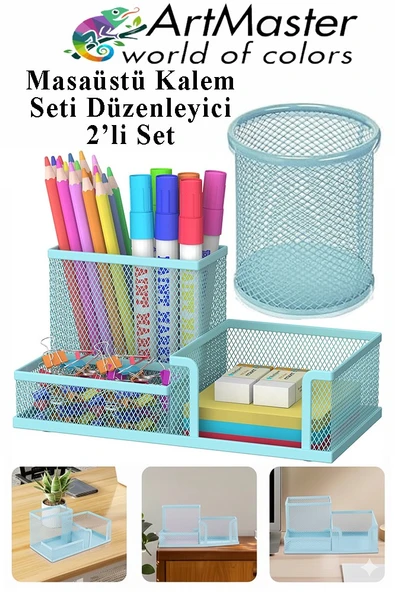 Masaüstü Metal Silindir Kalemlik ve 3 lü Düzenleyici 1 Paket Fileli Perfore Açık Mavi Kalemlik Kağıtlık Düzenleyici ürün görseli 1